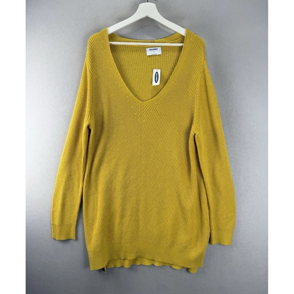 Old Navy Women's Sz 2XL Mustard Yellow V-Neck Cozy Oversized Knitted Sweater NWT